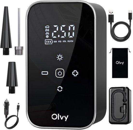 Olvy Compressor Bandenpomp - 12V & Draadloos - Draagbare Luchtcompressor - 6000 mAh - Elektrische Fietspomp - Fiets/Auto/Motor/Bal/Luchtbed