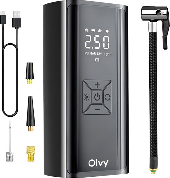 Olvy Compressor Bandenpomp - Draagbare Luchtcompressor - 7000 mAh - Elektrische Fietspomp - Fiets/Auto/Motor/Bal/Luchtbed