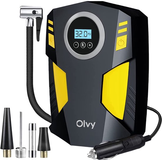 Olvy Compressor Bandenpomp - Luchtcompressor 12V - Elektrische Bandenpomp - Fiets/Auto/Motor/Bal/Luchtbed - Met 4 Opzet Stukken