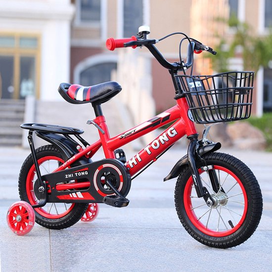 Omabeta Kinderspeelgoedserie Kinderfiets – 14 inch – 2-6 jaar, Trainingswielen, Mand, Rood