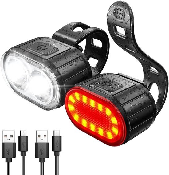Oneay USB oplaadbare fietsverlichtingsset, ultraheldere LED-achterlichten voor en achter, fietsverlichting voor nachtritten, schakelbare groot-/dimlichtfunctie, waterdicht.