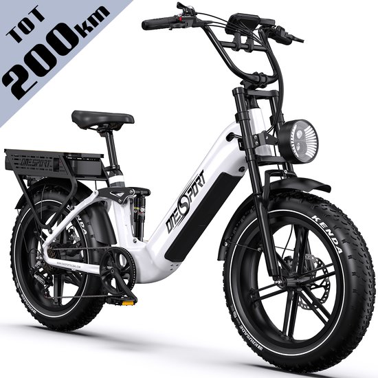 ONESPORT - Elektrische Fiets - Max. 200 km Bereik Dual Battery - 1728Wh Uitneembare Accu - Fatbike 20×4.0” - Shimano 7 Speed - Hydraulische Schijfremmen - Allround Stads - en Offroadfiets - Wit van Merkloos