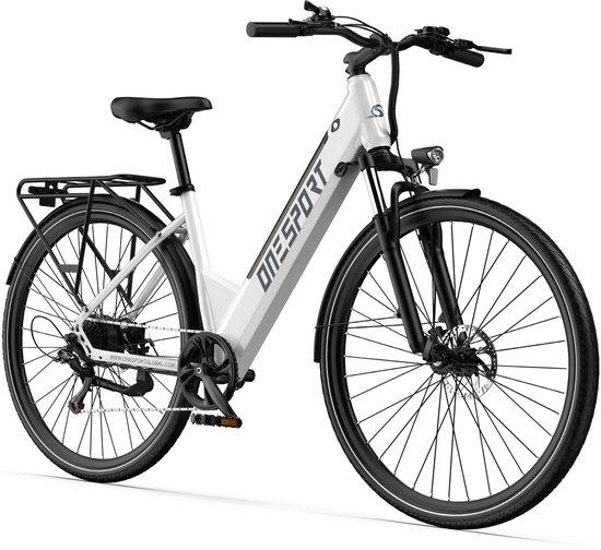 OneSport – Elektrische Stadfiets met 468Wh Accu – Max.80 km Actieradius – Shimano 7 Versnellingen – Hydraulische Vering & Schijfremmen – Wit van ONESPORT