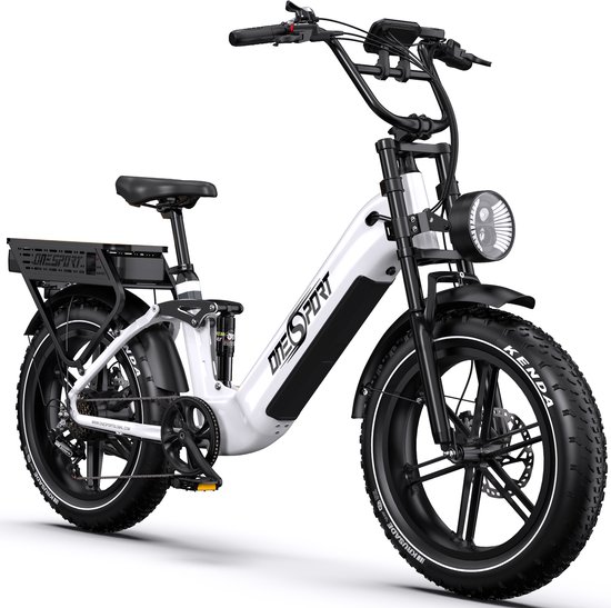 ONESPORT-Volledig terrein elektrische fatbike-20x4.0 inch brede banden-dubbele vering-48V36Ah grote accu-200 km actieradius-65Nm krachtig koppel-voor en achter hydraulische schijfremmen-aluminium frame-250W achtermotor-wit