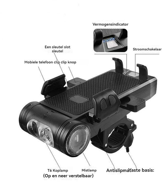 OnmiMart 5in1 Telefoonhouder Fiets + Fietslamp USB Oplaadbaar -3500 mAh grote batterij + dubbele T6 LED + 130 dB luidspreker + draadloos opladen + IPX6 waterdicht--MTB & Racefiets Verlichting