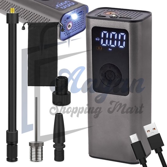 Oplaadbare Elektrische Luchtcompressor – Auto & Fiets – LCD-Display – 150 PSI / 10 Bar – Draagbare Bandenpomp – luchtcompressor – elektrische bandenpomp – electrische fietspomp – electrische fietspomp oplaadbaar – 63683