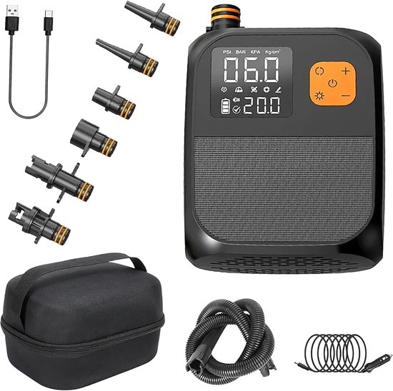 Oplaadbare Elektrische Luchtpomp 25 PSI met LED, USB en 6 Adapters voor SUP, Luchtbedden en Tenten