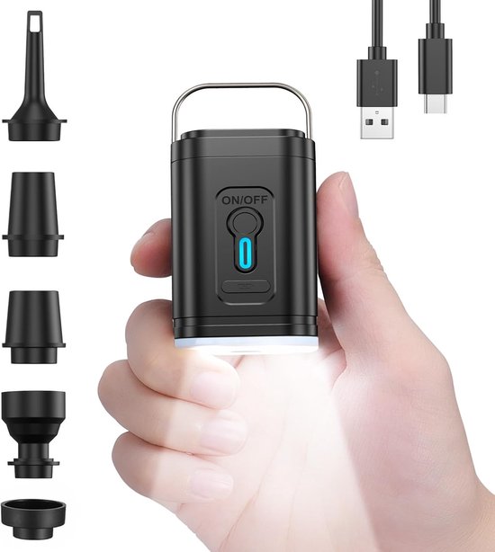 Oplaadbare elektrische luchtpomp - Draagbare luchtpomp voor opblaasbare artikelen - 1200 mAh - Mini luchtpomp - 3 soorten verlichting - Snel opblazen en leeglopen - Met 5 opblaasbare opzetstukken - Voor luchtmatrasbedden, zwembadvlotten - Zwart van Merkloos