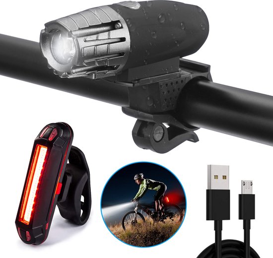 oplaadbare fietslampenset - 130 lumen - voorlamp - achterlamp - fietsverlichting - 14 uur accuduur | Fietsverlichting Set LED - Fietslampjes Voorlicht & Achterlicht - MTB & Racefiets Verlichting - Waterdicht Fietslicht