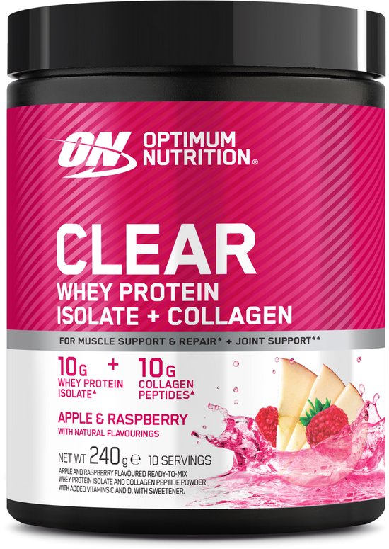 Optimum Nutrition Clear Whey Protein Isolate + Collagen - Apple Raspberry Proteine Poeder - Eiwitshake - Eitwit Limonade - 240 gram (10 servings) van Merkloos