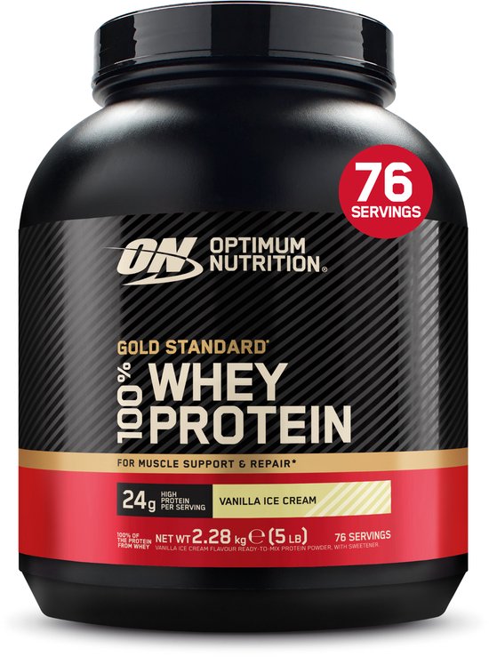 Optimum Nutrition Gold Standard 100% Whey Protein - Vanilla Ice Cream - Proteine Poeder - Eiwitshake - 2280 gram (76 shakes) van Optimum Nutrition Gold