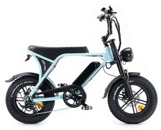 OUXI C80 Mini Elektrische Fatbike - Ingebouwd Alarmsysteem - Inclusief Voetsteuntjes - 16 Inch - 250W Motor - 7 Versnellingen - 50 km Actieradius - Mechanische Schijfremmen - Lichtblauw van Ouxi
