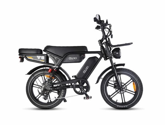 OUXI V8 Ultra Max Elektrische Fatbike - Ingebouwd Alarmsystseem - Inclusief Achterzitje - Inclusief Voorrekje - NFC-chip - 20 Inch - 250W Motor - 7 Versnellingen - 120 km Actieradius - Hydraulische Schijfremmen - Zwart