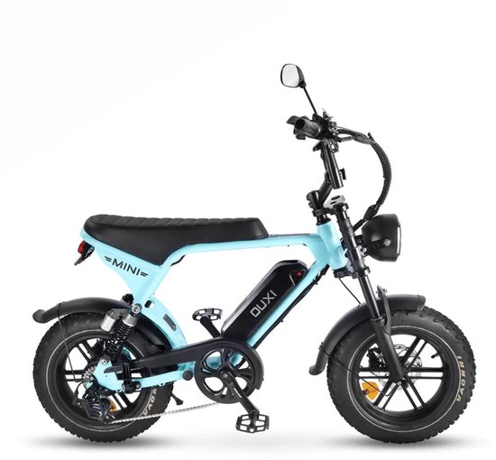OUXI V8 Ultra Mini Elektrische Fatbike - Ingebouwd Alarmsysteem - Inclusief Voetsteuntjes - Inclusief Voorrekje -16 Inch - 250W Motor - 7 Versnellingen - 50 km Actieradius - Mechanische Schijfremmen - Lichtblauw van Merkloos