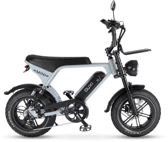 OUXI V8 Ultra Mini Elektrische Fatbike - Ingebouwd Alarmsysteem - Inclusief Voetsteuntjes - Inclusief Voorrekje -16 Inch - 250W Motor - 7 Versnellingen - 50 km Actieradius - Mechanische Schijfremmen - Lichtgrijs van Ouxi