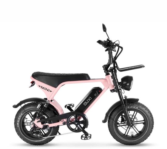 OUXI V8 Ultra Mini Elektrische Fatbike - Ingebouwd Alarmsysteem - Inclusief Voetsteuntjes - Inclusief Voorrekje -16 Inch - 250W Motor - 7 Versnellingen - 50 km Actieradius - Mechanische Schijfremmen - Roze van Merkloos