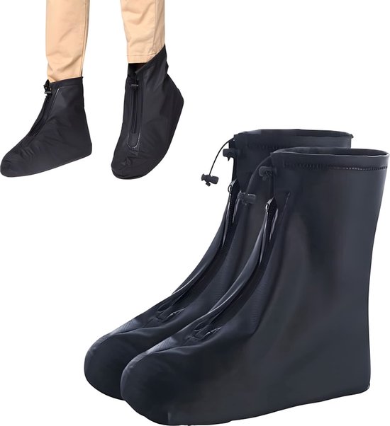 Overschoenen Waterdicht - Regen Overschoenen - Met Ritssluiting En Trekkoord - Waterdichte Schoenbeschermers - Motor Scooter Fiets Schoenhoes - Schoen Regen Hoes - Schoenovertrek - Schoenhoesjes - Anti Slip - Maat 43-44 - Zwart
