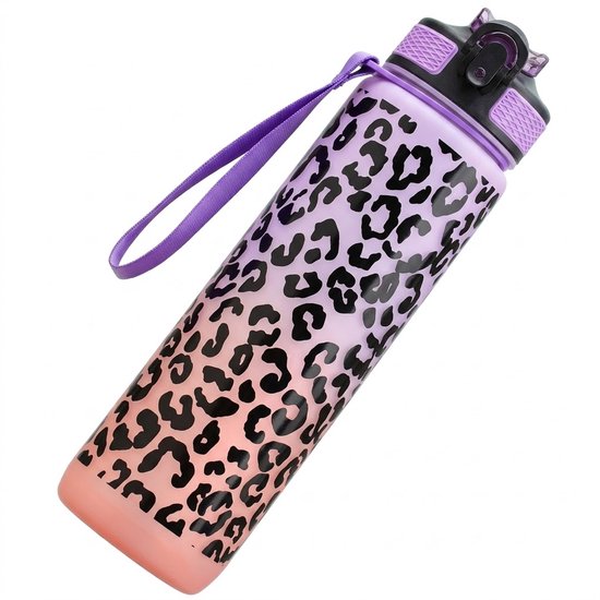 Paars roze kleurverloop waterfles bidon dames met zwart luipaard patroon en draaglus – herbruikbare sport waterfles met flip drinkdop en sluitclip voor fitness sport fietsen school kantoor en outdoor gebruik