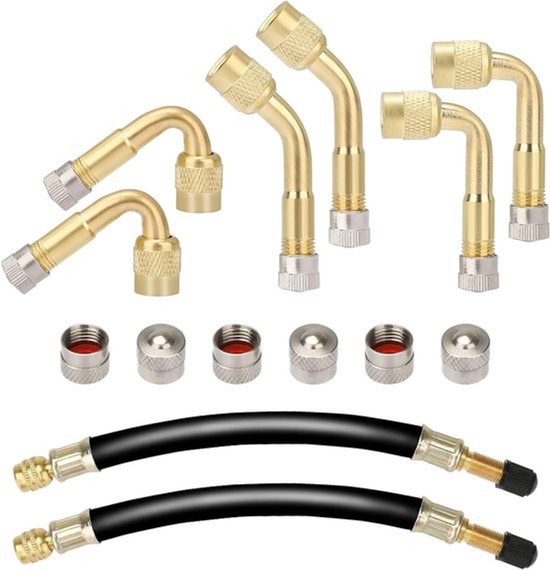 Pack van 6 Ventielverlengingen met Hoekventiel 45, 90, 135 Graden, 180 mm, Fiets- en Motorbanden Pompaccessoires met Metalen Doppen