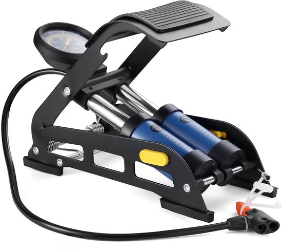 Packaway Professionele Voetpomp Fietspomp - Dubbele cilinder - Manometer tot 8 bar - Metaal - Zwart Blauw