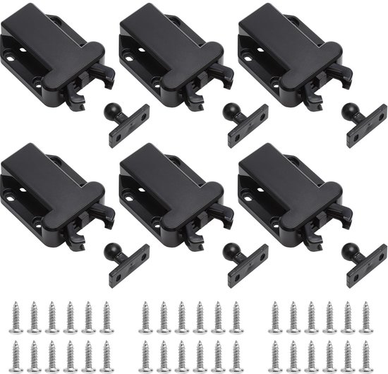 Pakket van 6 Push Lock Push-to-Open Deuropener met Schroeven, Veer Snapper, Automatisch met Aanraakontgrendeling Push Lock voor Lades, Kasten, Deuren met Schroevendraaier (Zwart)