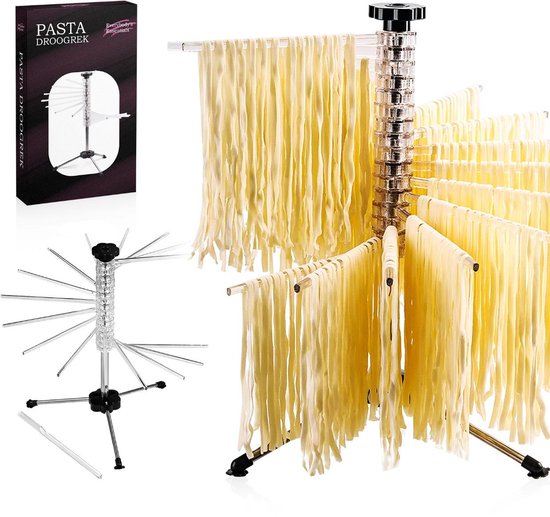 Pasta Droogrek – Inklapbaar & Ruimtebesparend – Voor Verse Zelfgemaakte Pasta – Chroom & RVS – Geschikt voor Spaghetti, Tagliatelle & Fettuccine – Everybody’s Essentials van Merkloos