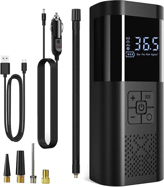 PolkaHome® Draagbare Luchtcompressor - Krachtige Accu-Bandenpomp met Drukmeter & LED-lamp - Elektrische Draagbare Pomp met Automatische Uitschakeling - Lucht compressor voor Auto, Motor, Fiets & Ballen - Tot 3x Sneller Oppompen