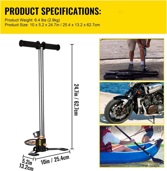 Pomp voor Luchtdrukpistool - PCP - Luchtpomp - Luchtkanonpomp - 4500PSI-druk - Tevens Geschikt voor Autobanden, Motorbanden, Fietsbanden, Kajaks en Voetbal van Interstaple