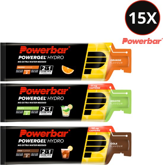 Powerbar Powergel Hydro | Energiegels | Variety pack: 5x Orange + 5x Mojito + 5x Cola | Kant-en- klare Drink Gels | 15x 60 ml