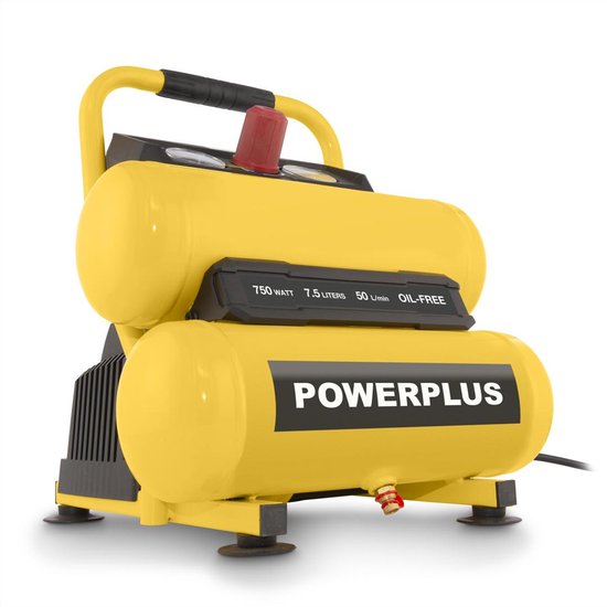 Powerplus Compressor POWX17235 - dubbele tank 750W, geen olie met een capacitieit van 7,5 l - 8bar - 50L/min