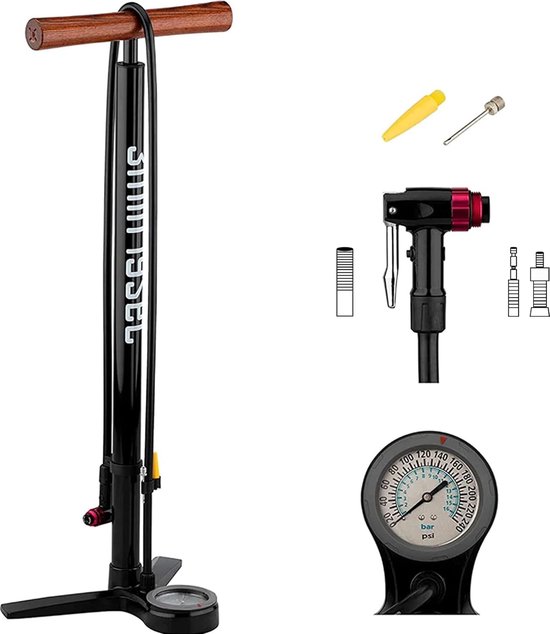 Premium Aluminium Fietspomp met Houten Handvat - tot 16 Bar / 240 PSI - Hoogwaardige Vloerpomp voor Fiets, MTB of Racefiets - Fietsluchtpomp voor alle ventielen met Drukmeter van Sahmurai