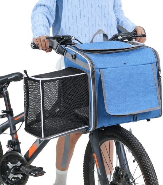 Premium Fietsmand Hond - 4-in-1 Draagtas - Rugzak - Fietsmand - Boodschappen - Met uitneembare tas - Schoudertas - Hondenmand fiets voorop - Fietstas Hond Voorop - Fietsmand Hond Elektrische Fiets - Hondenmand fiets - Blauw van Merkloos