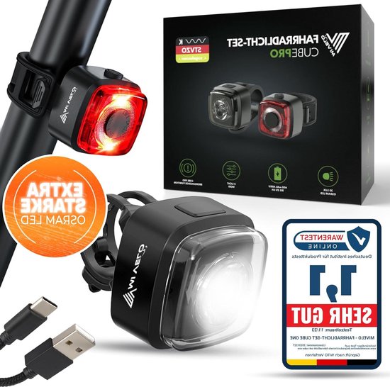 Pro Fietslampenset - Cube met remfunctie - StVZO goedgekeurd - USB-oplaadbaar - 100% waterdicht - LED fietslicht - voor en achter - achterlicht fietsverlichting