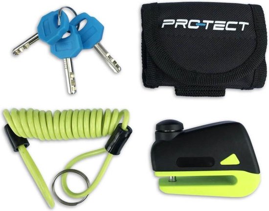 Pro-tect Schijfremslot Disq Mini Zwart/groen met gele reminderkabel van Pro
