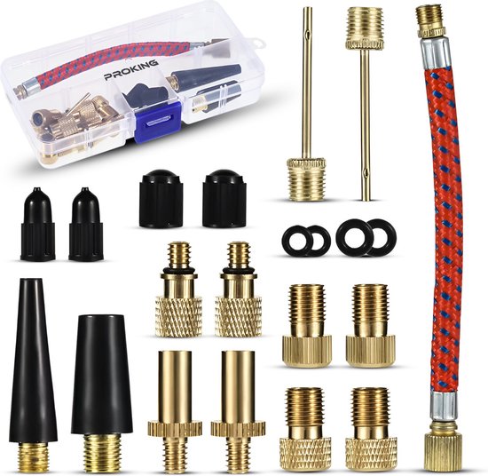 PROKING Ventiel Adapter Set - Fiets- en Balnaalden - Verloopnippels voor Fatbike, Step, Elektrische Fiets, Autoband, Luchtbed & Voetbal - Oppompen - Compressor - Handpomp - Fietspomp - Verloop nippels - 21 Delig in bewaardoos