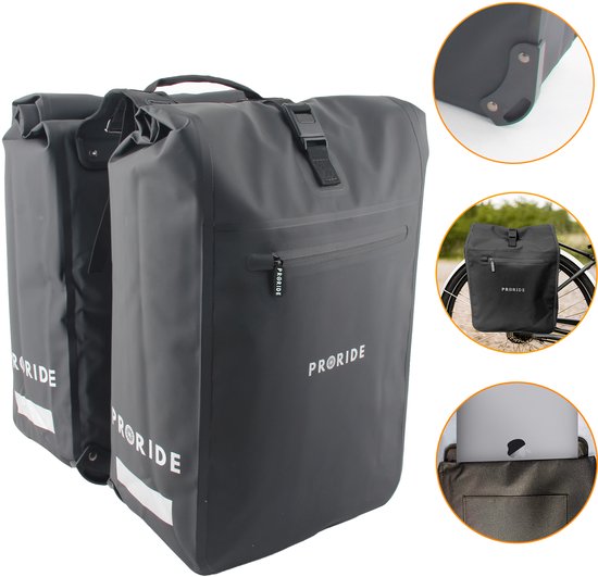 Proride® Dubbele Fietstas Rolltop - Fietstassen Electrische Fietsen - 40L - Zwart - Geschikt voor MIK adapter - 100% Waterdicht - Elektrische Fiets - Fietszakken van Merkloos
