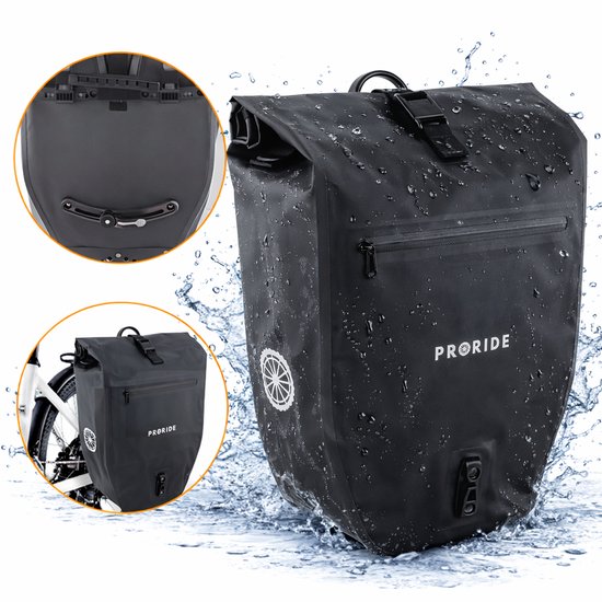 Proride® Enkele Fietstas - 100% Waterdicht - 28 Liter - Pakaftas Elektrische Fietsen - Schoudertas - Inclusief Schouderband en Laptophoes - Bagagedrager - Reflector - Magnetische sluiting - Zwart - Fietszakken