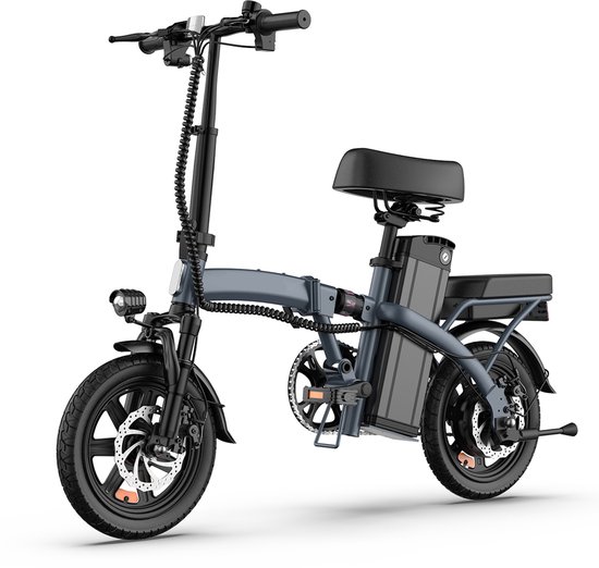 Qekud 14" Opvouwbare Elektrische Fiets – 48V 7,5Ah Accu, 250W Motor, 25km/u, 40km Bereik, Dubbel Geveerd, Schijfremmen – Grijs van Merkloos