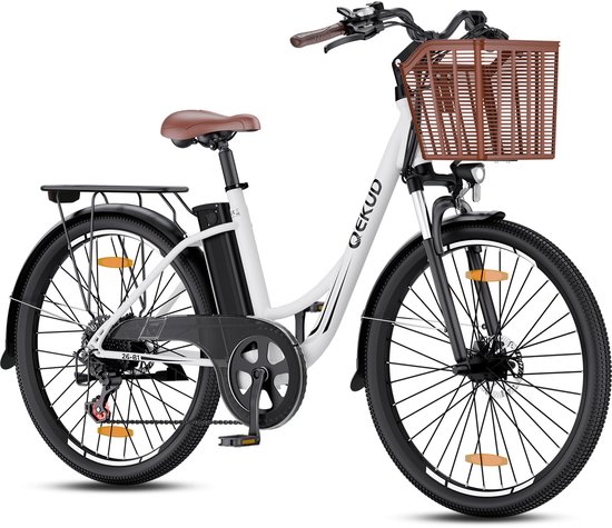 Qekud 26-B1 Elektrische Citybike – 250W Motor, 36V 13,5Ah Accu (80km), 7-versn. Shimano, Schijfremmen, LCD, Verlichting – Wit