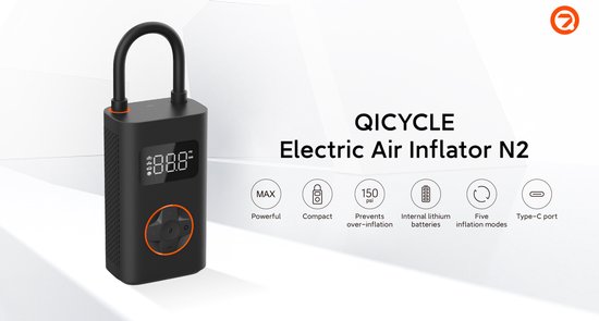 QiCycle N2 - Elektrische fietspomp - Bandenpomp (Auto, Motor, Fiets, Bal, Luchtbed) - Oplaadbaar - Drukmeter - 10.3 Bar van Merkloos