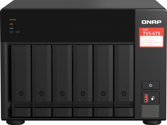 QNAP TVS-675 NAS Tower ZhaoXin KaiXian KX-6000 KX-U6580 8 GB DDR4 QuTS hero Zwart van Qnap