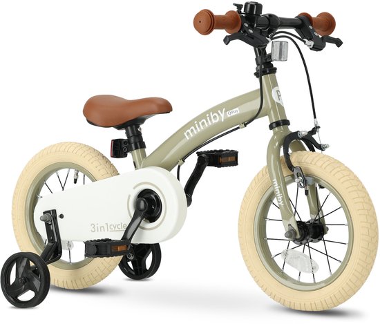 Qplay Miniby Kinderfiets 12 inch - 3 in 1 - loopfiets - Olive van Merkloos
