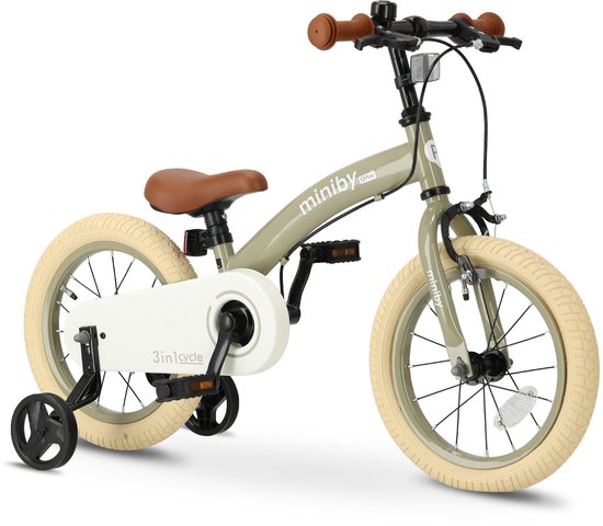 Qplay Miniby Kinderfiets 14 inch - 3 in 1 - loopfiets - Olive van Merkloos