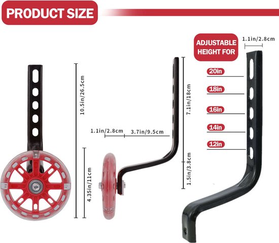 QualityB4Quantity kinderfiets zijwieltjes - Fietswieltjes - geschikt voor 12 tot 20 inch - Lichtgevend - ROOD van QualityB4Quantity