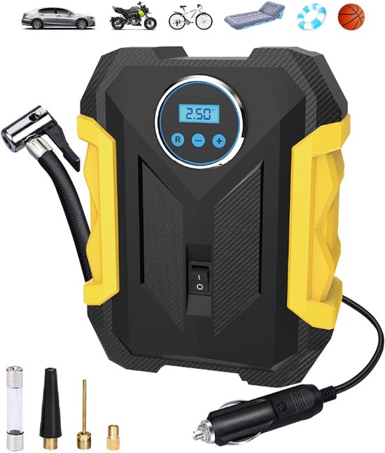 QUOVO® Autobanden Pomp - Elektrische Fietspomp - Compressor Bandenpomp - Luchtcompressor Met LCD Scherm - Geel/Zwart - 26cm x 10cm x 20cm