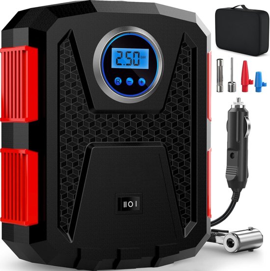 QUOVO® Draagbare Luchtcompressor Fietspomp 12 V Elektrische Pomp - Voor Auto en Fiets - Met Ledlicht en Digitale Bandenspanningsmeter - Automatische Pomp/Uitschakeling - Draagtas - Zwart/Rood - 17cm x 9cm x 21cm