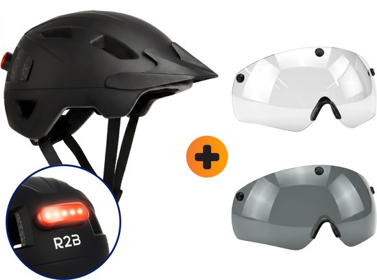 R2B Fietshelm - Speed Pedelec Helm + Extra Transparant Vizier - Maat S - 51-55 cm - LED Verlichting - Snorfiets Helm - Fietshelm Volwassenen Elektrische Fiets - Fatbike Helm