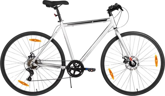 Racefiets – Voor heren en dames – 7 versnellingen / dubbele schijfrem / lichtgewicht frame – Aluminium / Zilver / Maat L (71 cm) van Merkloos