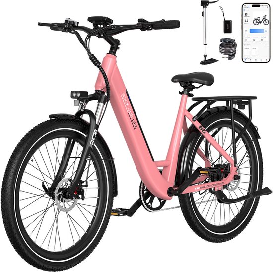 RCB 27.5 " Elektrische Fiets dames, 60-80 km Trendy City Commuter EBike,250W,7 versnellingen met App en NFC -roze