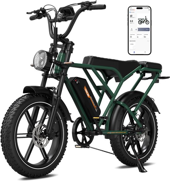 RCB Elektrische fatbike - 48V 20.8Ah Mountainbike - Actieradius 100km - 25km/u - 250W motor - 7 versnellingen - met App en NFC -donkergroen van RCB